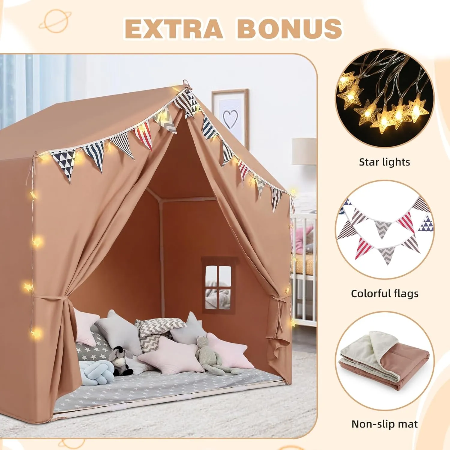 Kids Tent with Mat Playhouse for Kids Indoor Outdoor Play Tent for Toddlers 3 4 5 6 Year Olds(Brown)