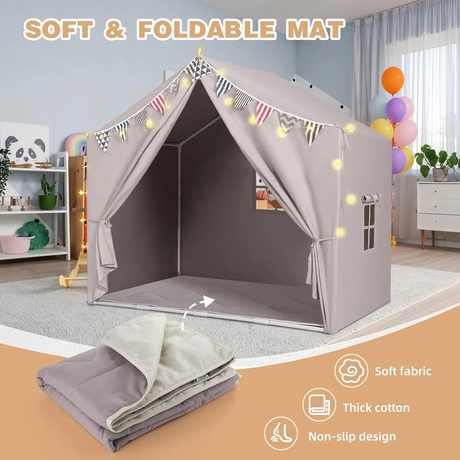 Kids Tent with Padded Mat and Light Large Playhouse for Kids Indoor Outdoor Play Tent for Toddlers Grey