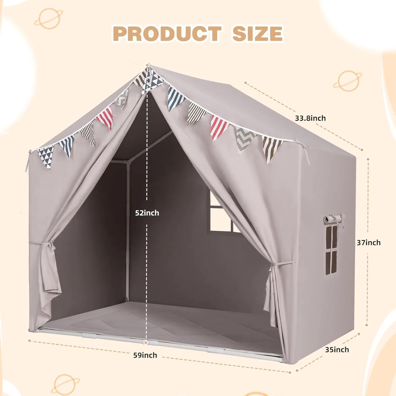 Kids Tent with Padded Mat and Light Large Playhouse for Kids Indoor Outdoor Play Tent for Toddlers Grey
