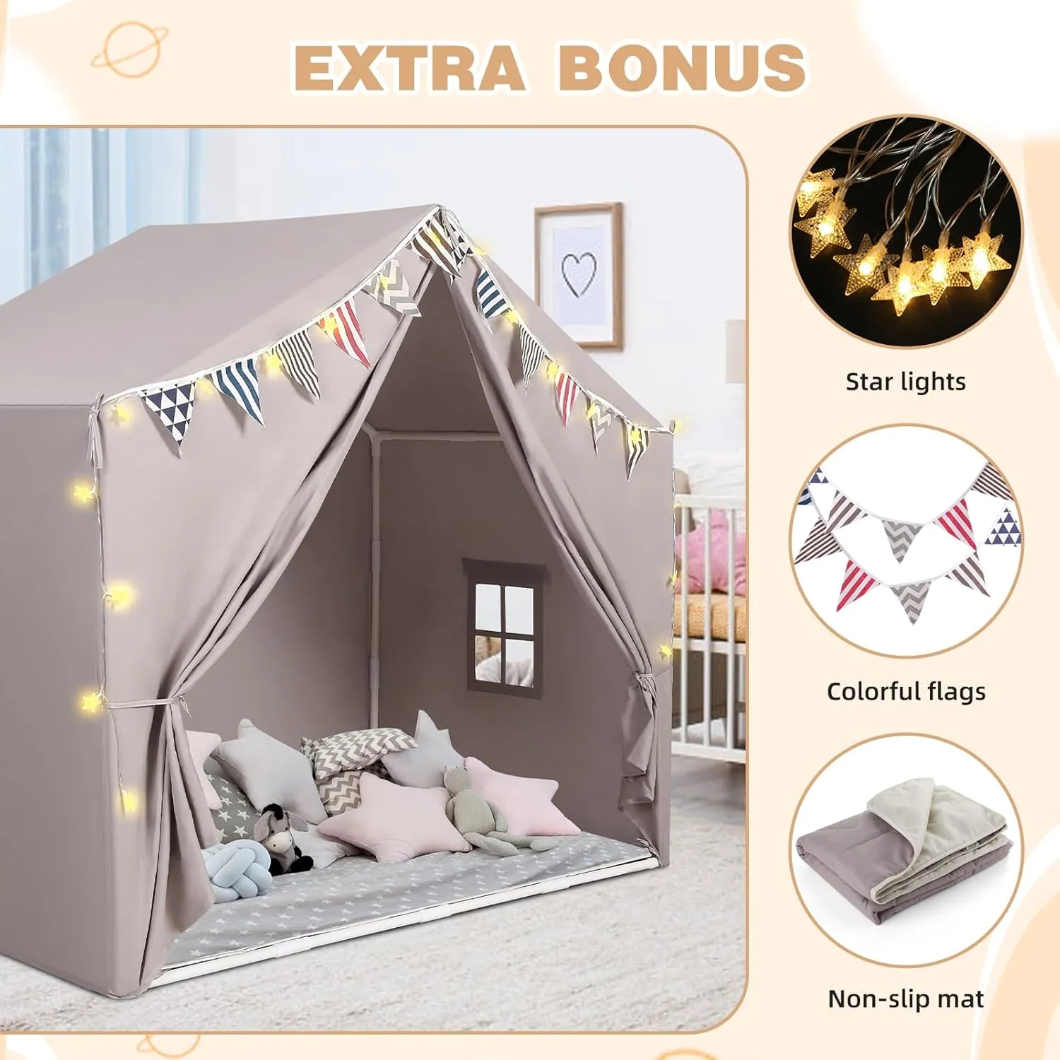 Kids Tent with Padded Mat and Light Large Playhouse for Kids Indoor Outdoor Play Tent for Toddlers Grey