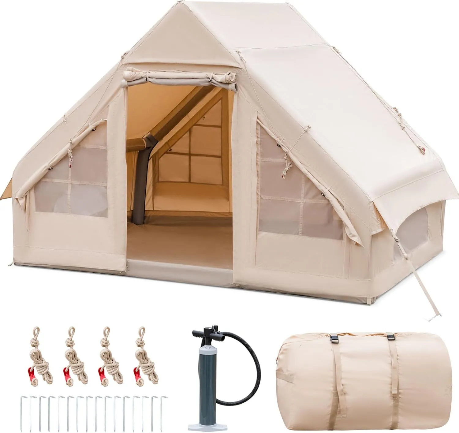 KOTEK Inflatable Camping Tent with Pump, Easy Setup Air Glamping Tents for 4-6 Persons, Inflatable Cabin Tent with Mesh Windows & Doors, 4 Season Blow up Tent, Portable with Carry Bag