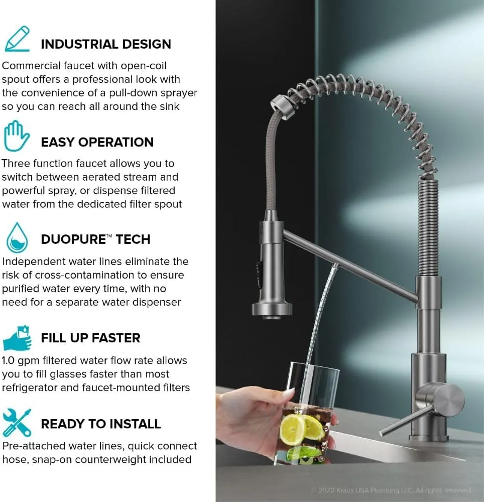 Kraus Bolden 2-in-1 Pull-Down Single Handle Kitchen Sink Filter Water Faucet for Reverse Osmosis or Water Filtration System in Brushed Brass, KFF-1610BB