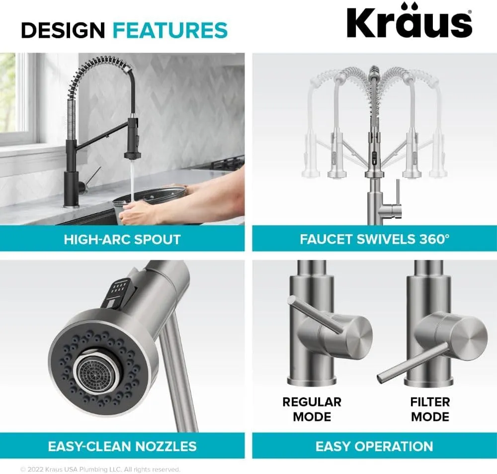 Kraus Bolden 2-in-1 Pull-Down Single Handle Kitchen Sink Filter Water Faucet for Reverse Osmosis or Water Filtration System in Brushed Brass, KFF-1610BB