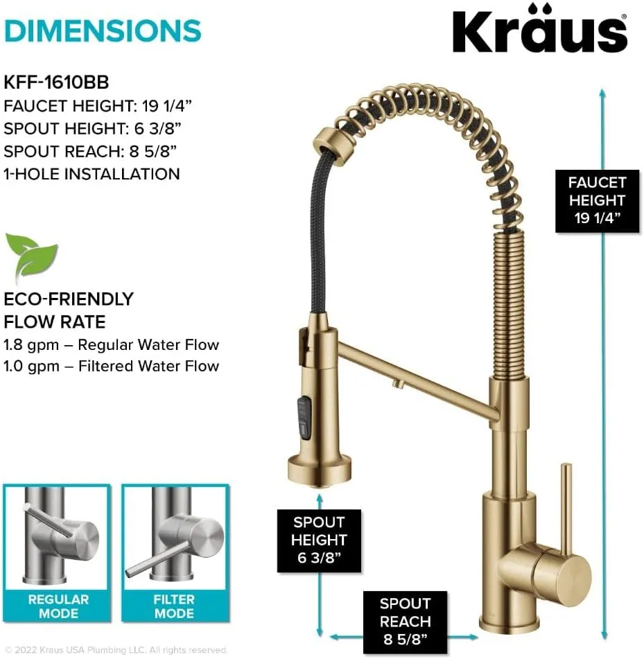 Kraus Bolden 2-in-1 Pull-Down Single Handle Kitchen Sink Filter Water Faucet for Reverse Osmosis or Water Filtration System in Brushed Brass, KFF-1610BB