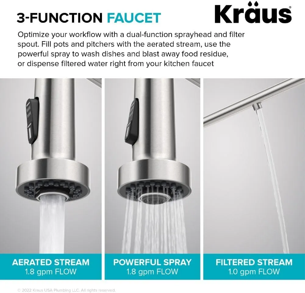 Kraus Bolden 2-in-1 Pull-Down Single Handle Kitchen Sink Filter Water Faucet for Reverse Osmosis or Water Filtration System in Brushed Brass, KFF-1610BB