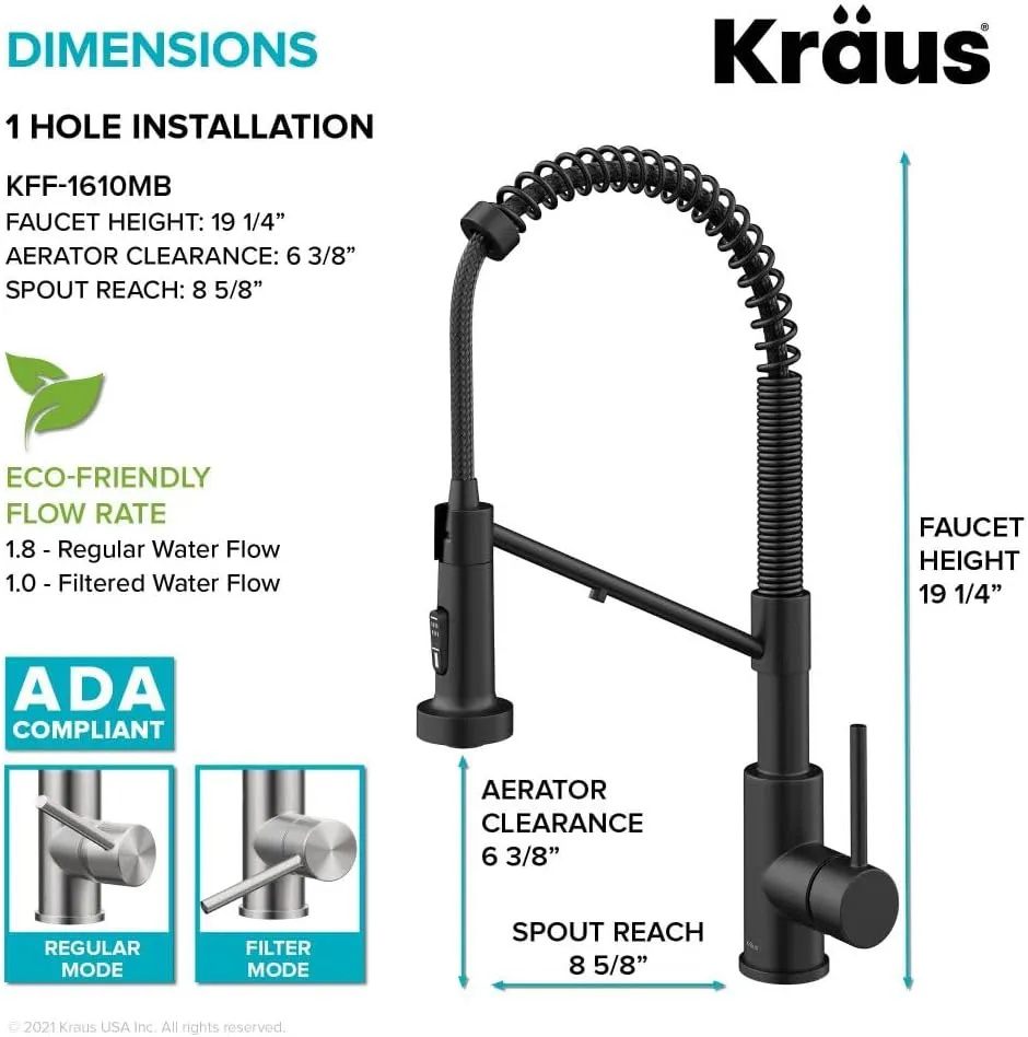 Kraus Bolden 2-in-1 Pull-Down Single Handle Kitchen Sink Filter Water Faucet for Reverse Osmosis or Water Filtration System in Matte Black, KFF-1610MB