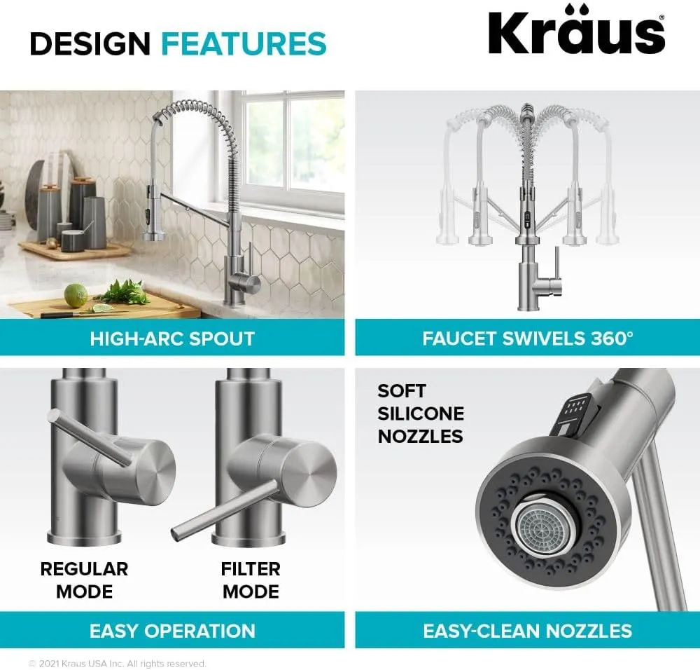 Kraus Bolden 2-in-1 Pull-Down Single Handle Kitchen Sink Filter Water Faucet for Reverse Osmosis or Water Filtration System in Spot-Free Stainless Steel, KFF-1610SFS