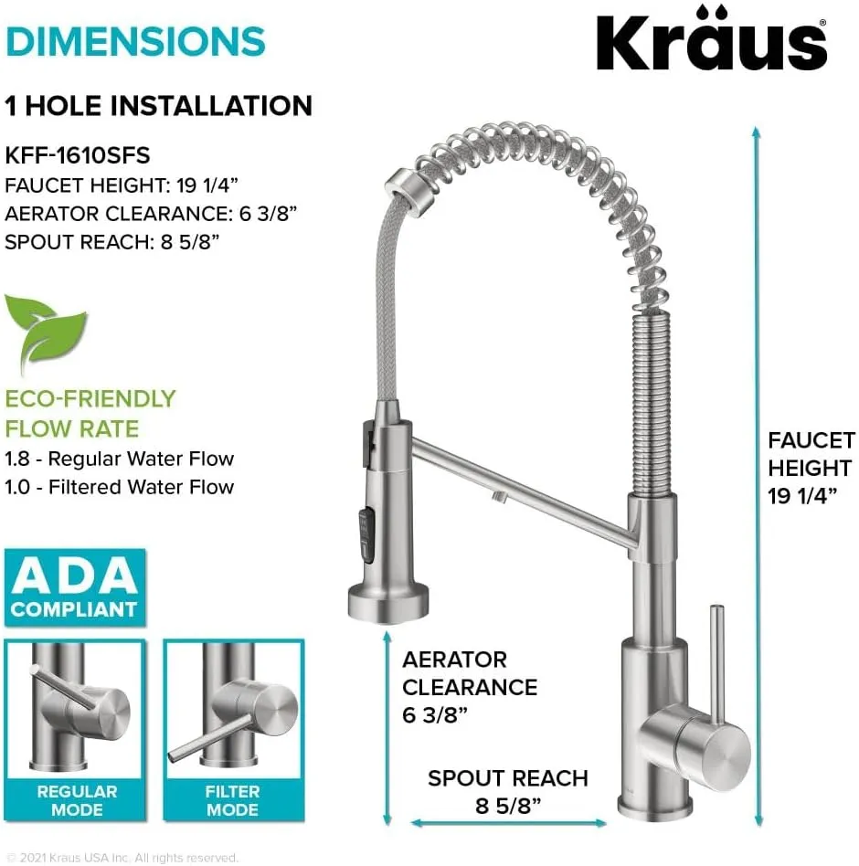 Kraus Bolden 2-in-1 Pull-Down Single Handle Kitchen Sink Filter Water Faucet for Reverse Osmosis or Water Filtration System in Spot-Free Stainless Steel, KFF-1610SFS