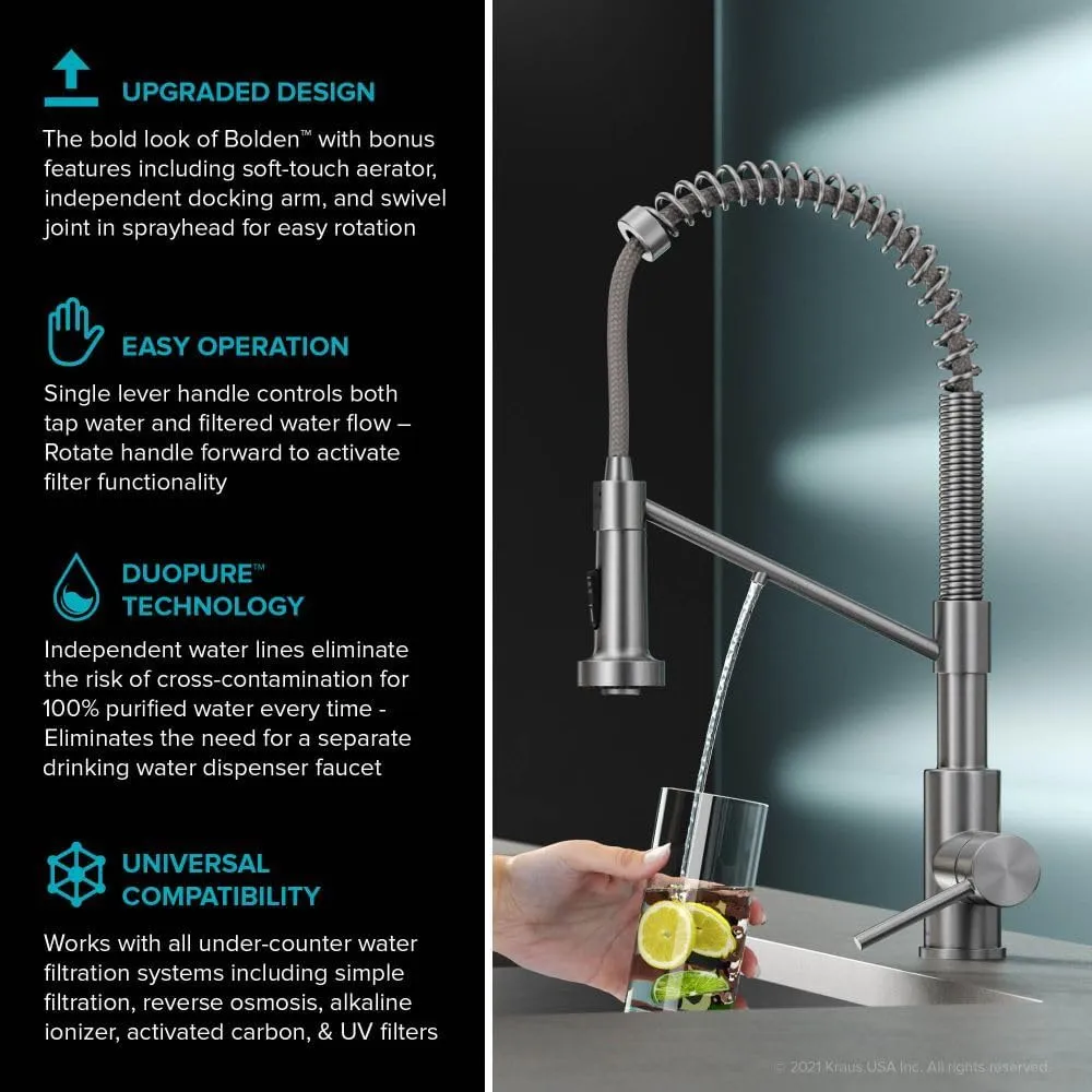 Kraus Bolden 2-in-1 Pull-Down Single Handle Kitchen Sink Filter Water Faucet for Reverse Osmosis or Water Filtration System in Spot-Free Stainless Steel, KFF-1610SFS