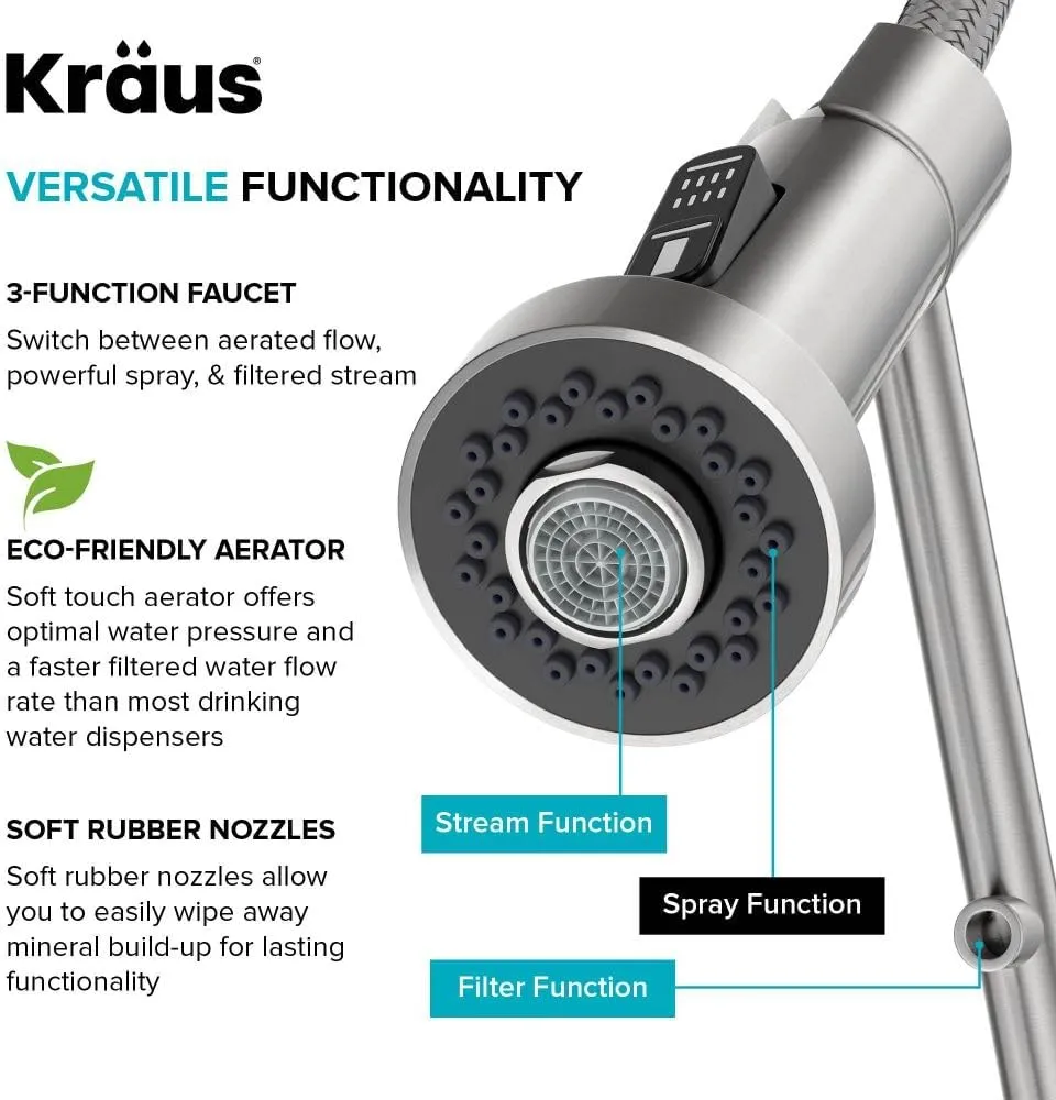 Kraus Bolden 2-in-1 Pull-Down Single Handle Kitchen Sink Filter Water Faucet for Reverse Osmosis or Water Filtration System in Spot-Free Stainless Steel, KFF-1610SFS