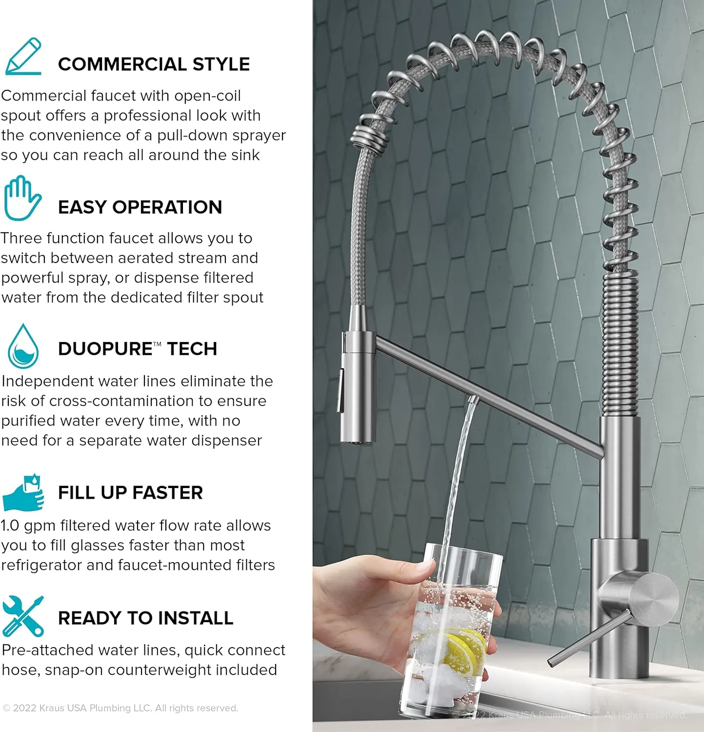 KRAUS Oletto 2-in-1 Commercial Style Pull-Down Single Handle Water Filter Kitchen Faucet for Reverse Osmosis or Water Filtration System in Matte Black, KFF-2631MB
