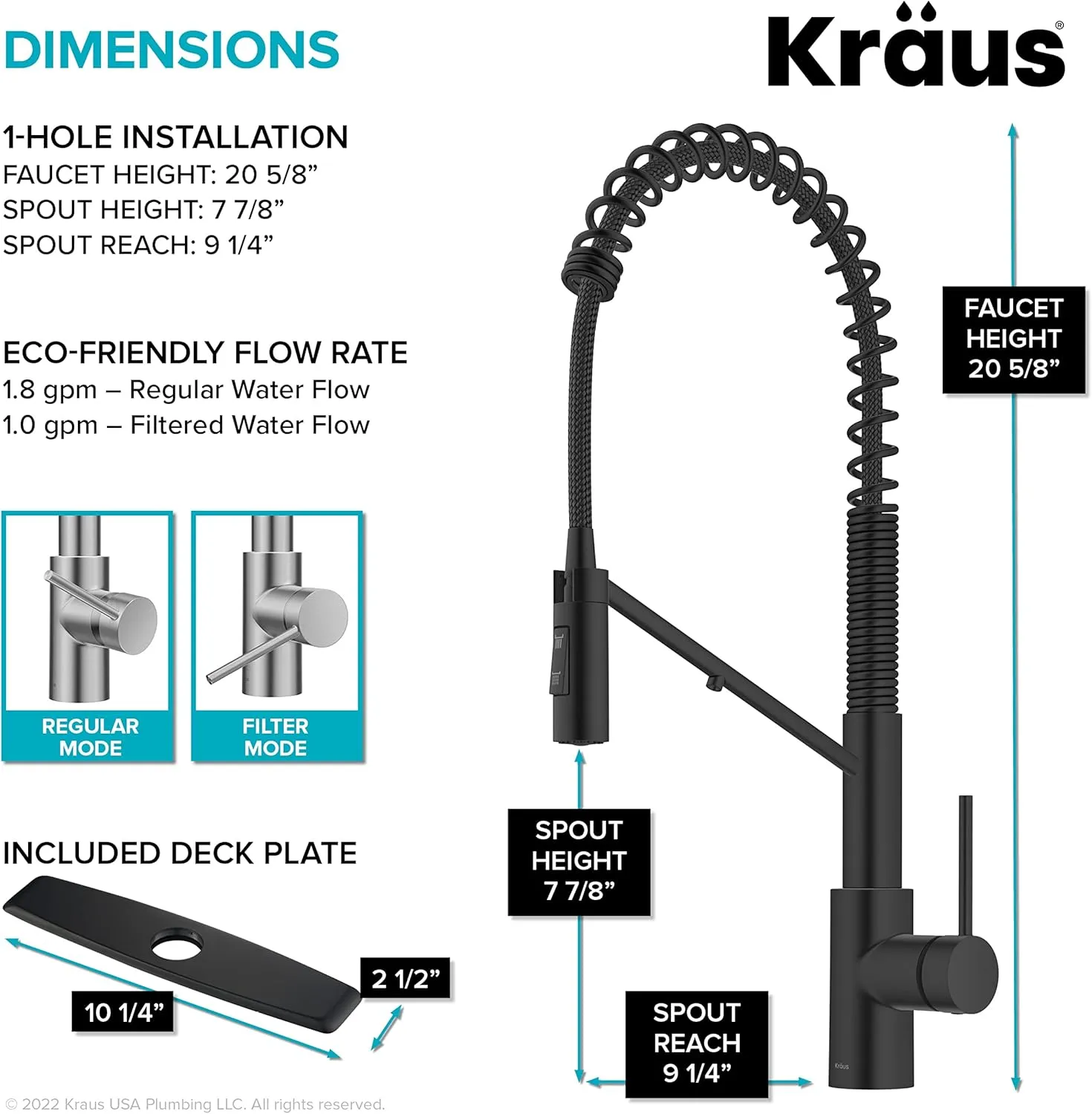 KRAUS Oletto 2-in-1 Commercial Style Pull-Down Single Handle Water Filter Kitchen Faucet for Reverse Osmosis or Water Filtration System in Matte Black, KFF-2631MB