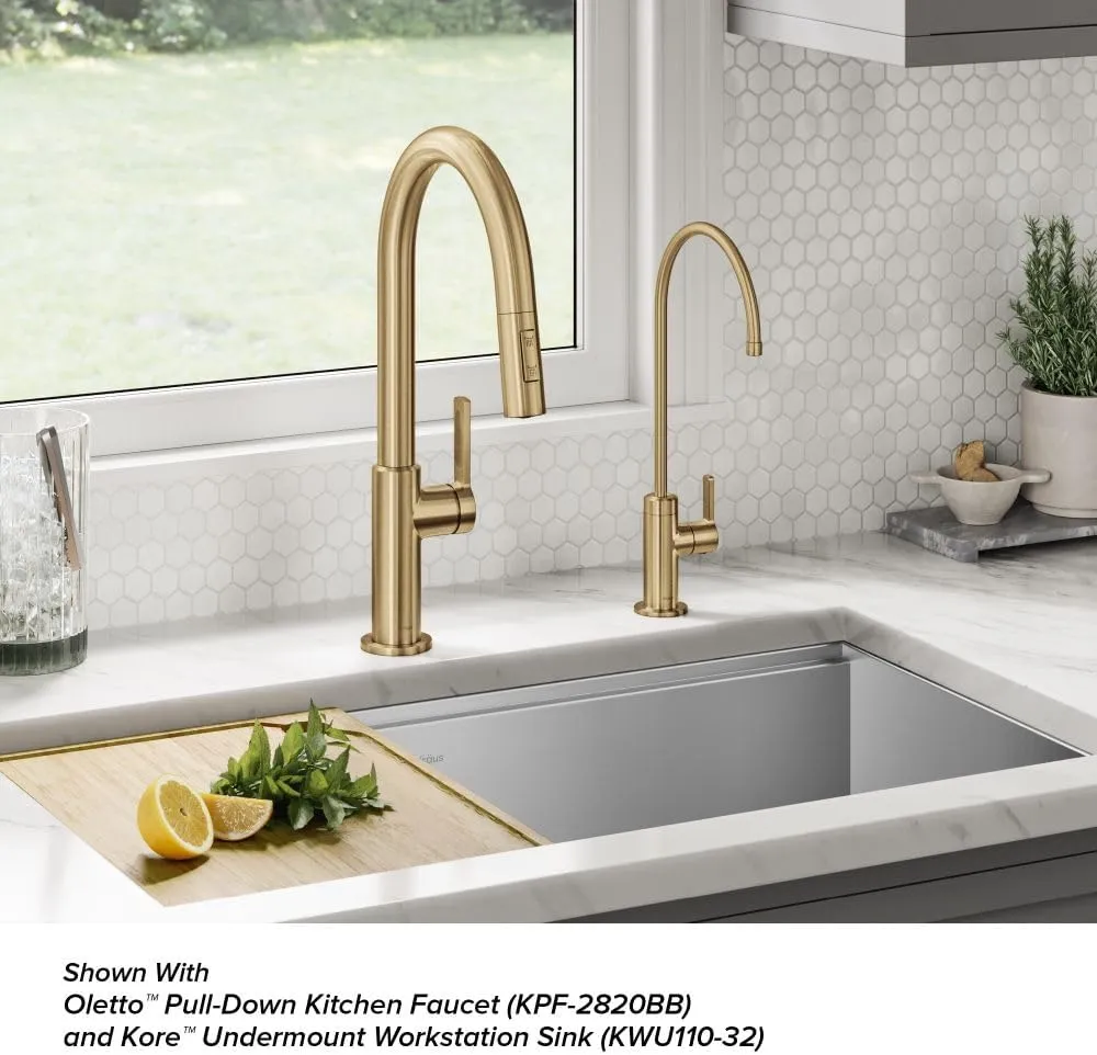 KRAUS Oletto High-Arc Single Handle Pull-Down Kitchen Sink Faucets in Brushed Brass, Kitchen Faucets with Pull Down Sprayer, FF-103BB