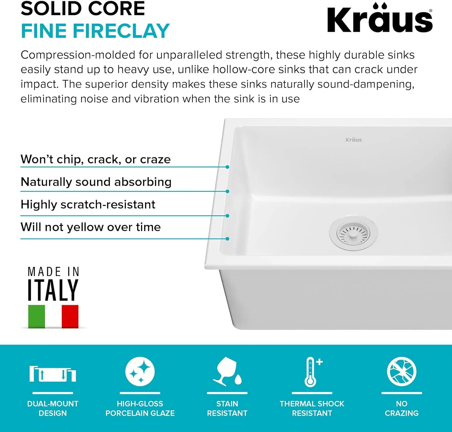 KRAUS Turino™ 24” Drop-In Undermount Fireclay Single Bowl Kitchen Sink with Thick Mounting Deck in Gloss White, KFD1-24GWH