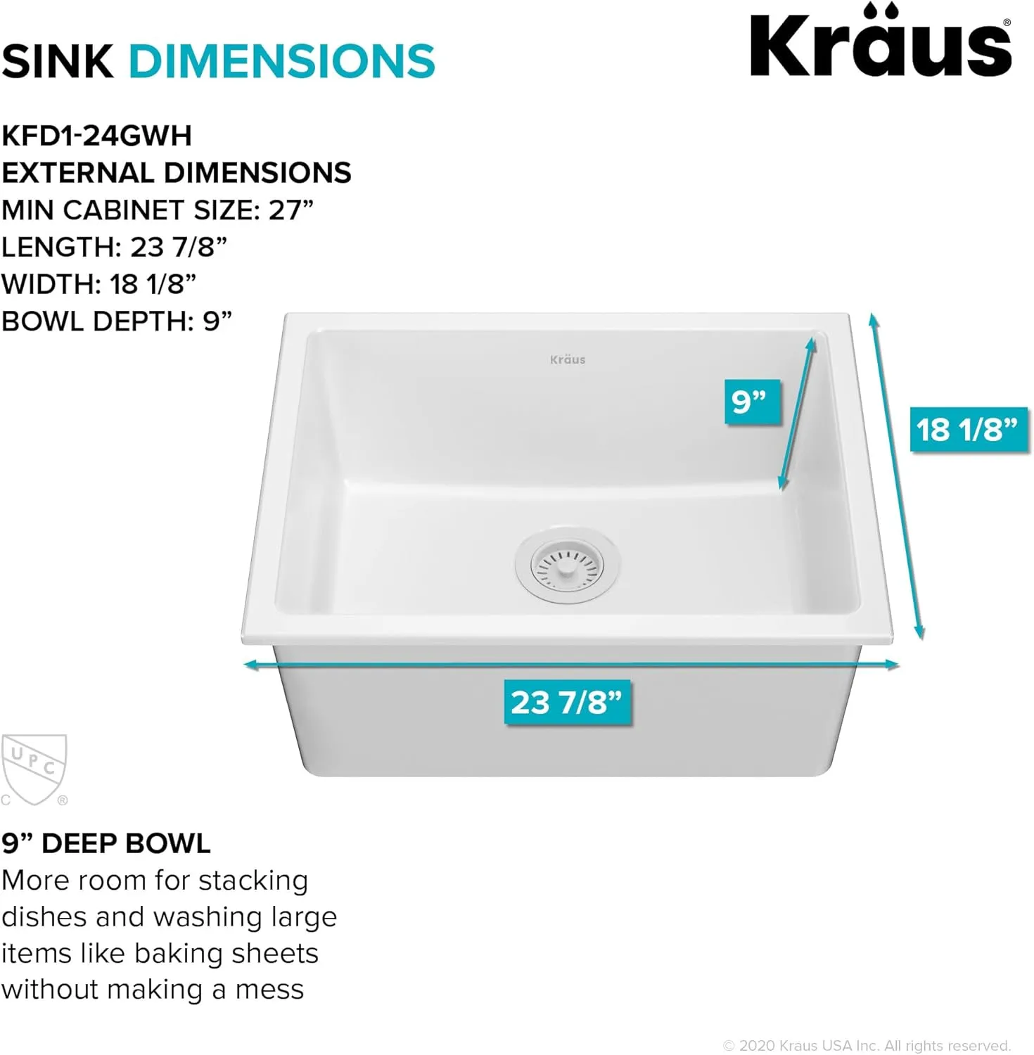 KRAUS Turino™ 24” Drop-In Undermount Fireclay Single Bowl Kitchen Sink with Thick Mounting Deck in Gloss White, KFD1-24GWH