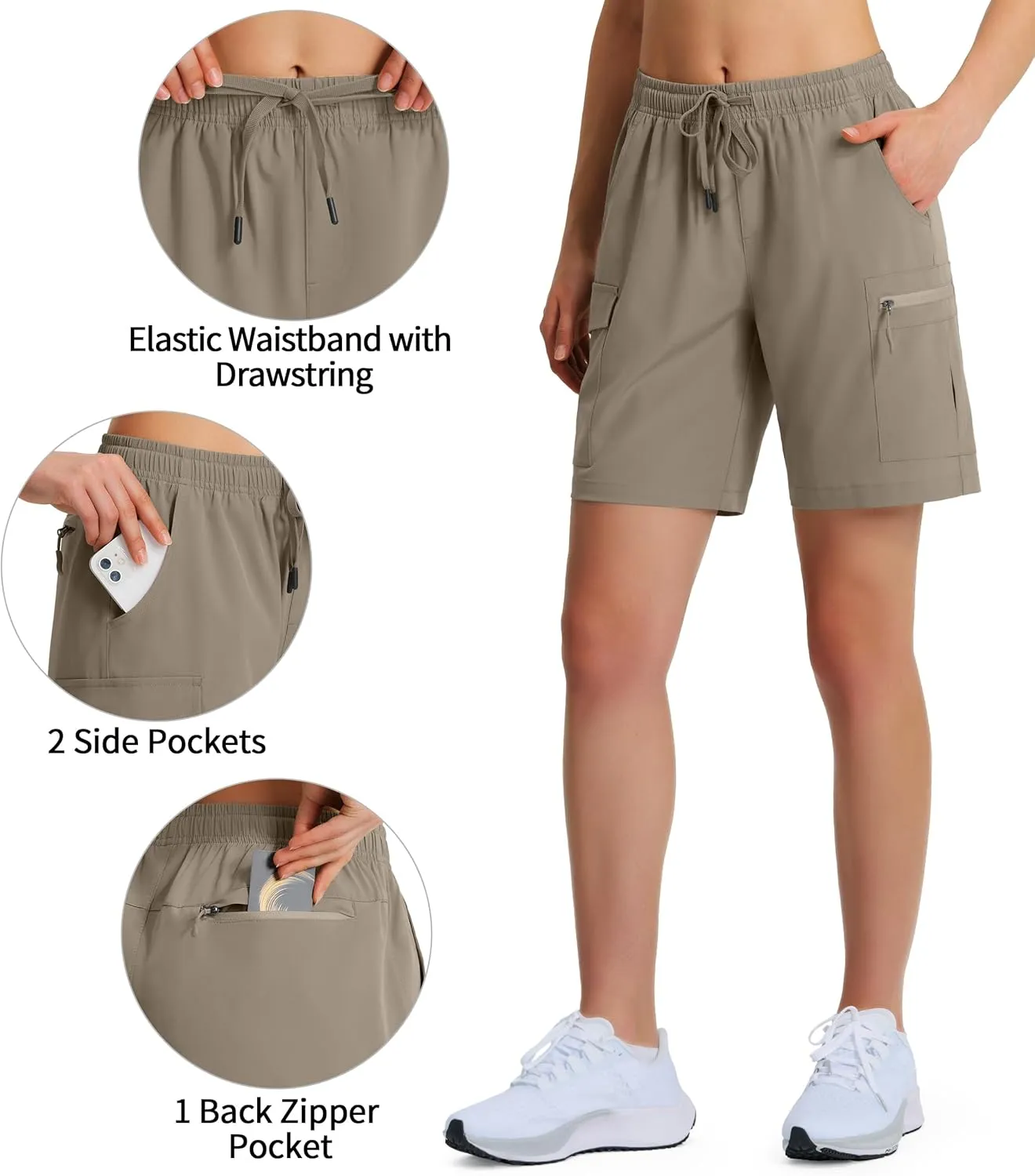 Ksmien Women's 7" Hiking Cargo Shorts Lightweight Quick Dry Ladies Summer Shorts with Zipper Pockets for Travel Golf