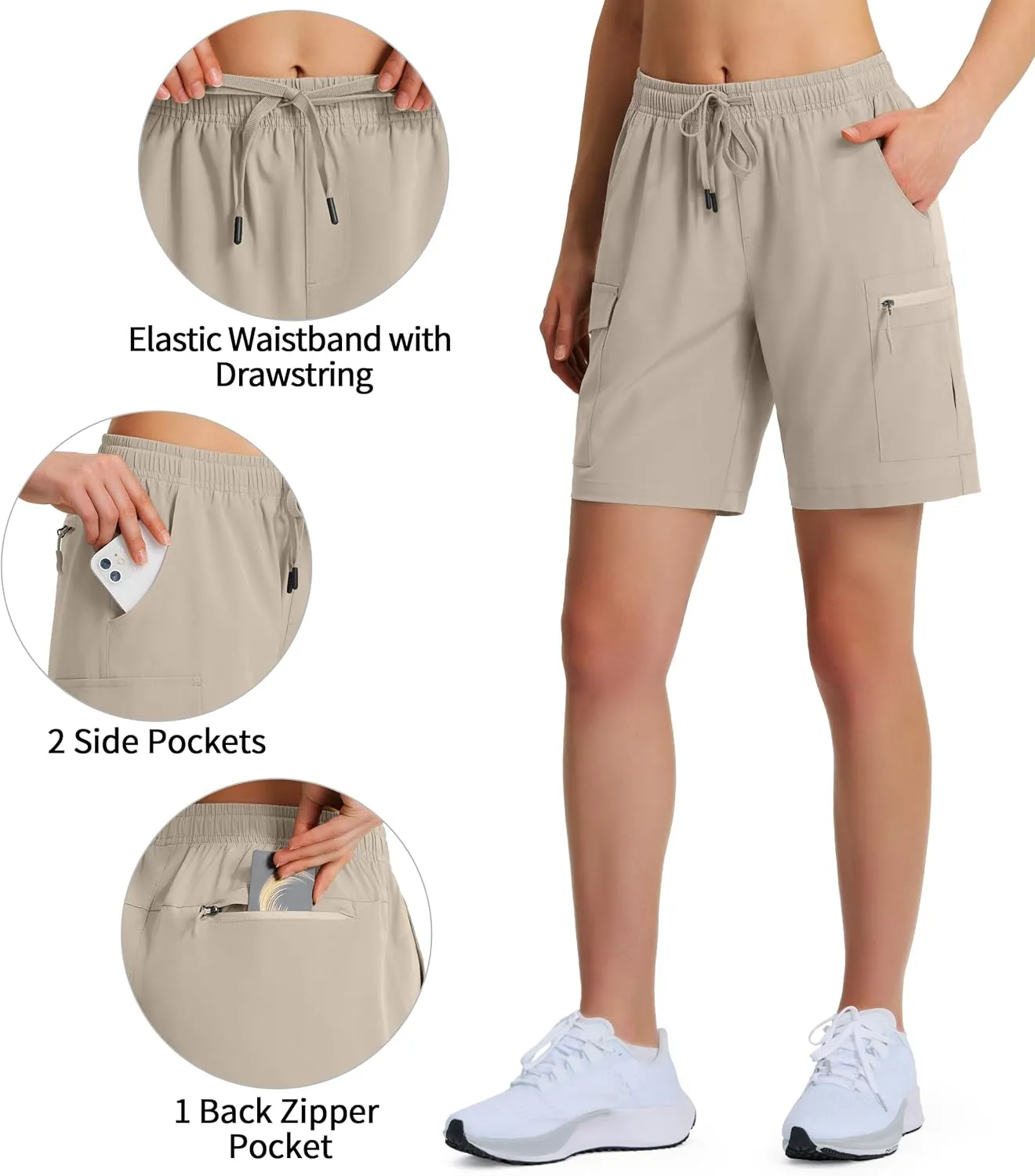 Ksmien Women's 7" Hiking Cargo Shorts Lightweight Quick Dry Ladies Summer Shorts with Zipper Pockets for Travel Golf