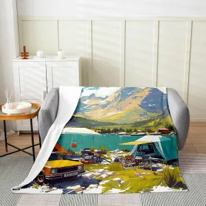 Lakeside Camping Throw Blanket for Kids,Nature Mount Lake Scene Tourism Fleece Throw Blanket for Bedroom Sofa Dorm Decor,Watercolor Trailer Camp Tent Graffiti Blanket,40 x 50 Inches