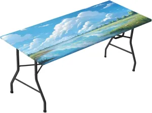 Landscape Prairie Streams White Clouds Rectangle Picnic Tablecloth,Sky Scenery Elastic Fitted Table Cloth, Waterproof Table Cover for 6ft Folding Tables for Dining Outdoor Camping (32x96 Inches)