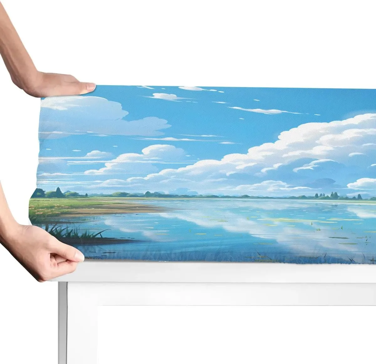 Landscape Prairie Streams White Clouds Rectangle Picnic Tablecloth,Sky Scenery Elastic Fitted Table Cloth, Waterproof Table Cover for 6ft Folding Tables for Dining Outdoor Camping (32x96 Inches)