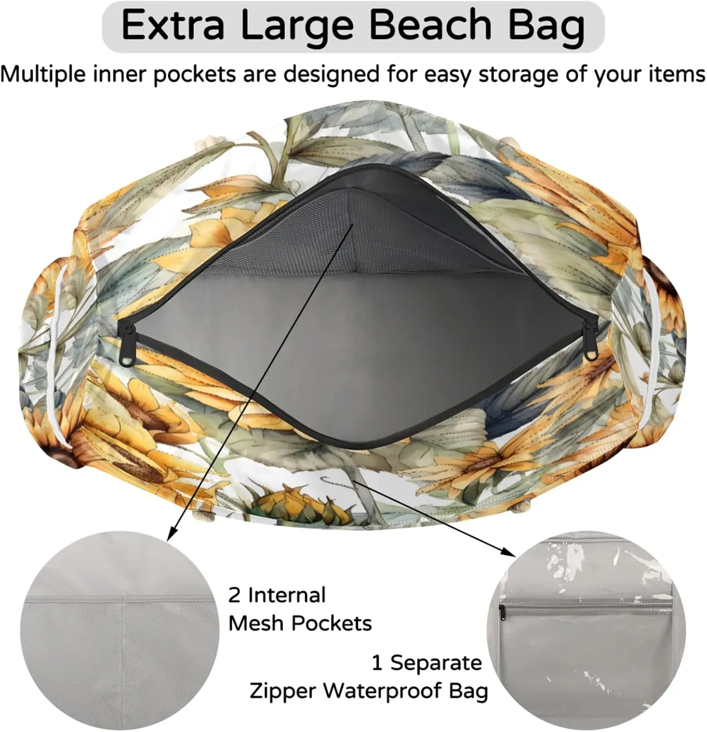 Large Beach Tote Bags with Zipper, Beach Bag for Women, Waterproof Sandproof Pool Swim Bags, Travel Tote Bag