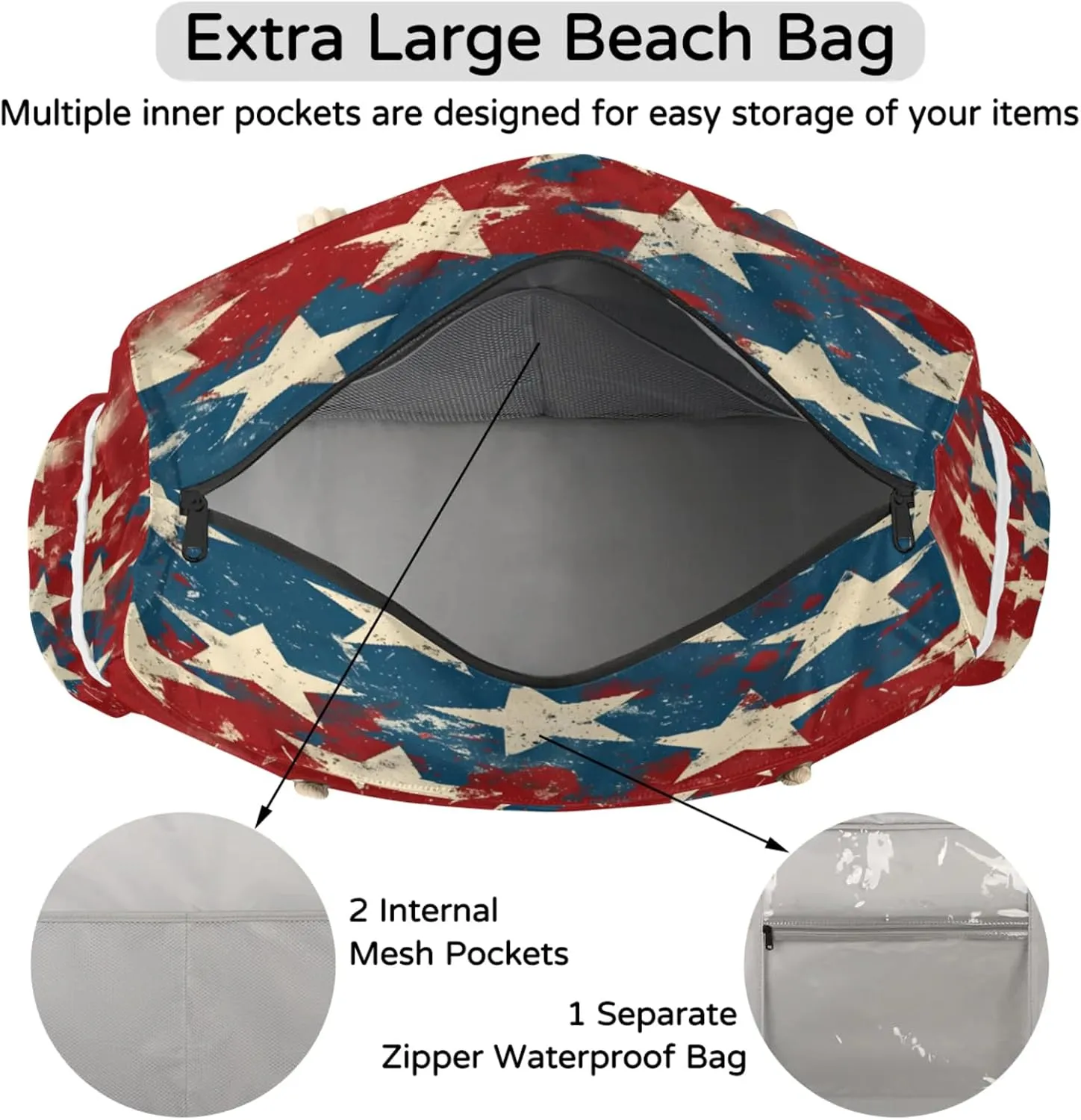 Large Beach Tote Bags with Zipper, Beach Bag for Women, Waterproof Sandproof Pool Swim Bags, Travel Tote Bag