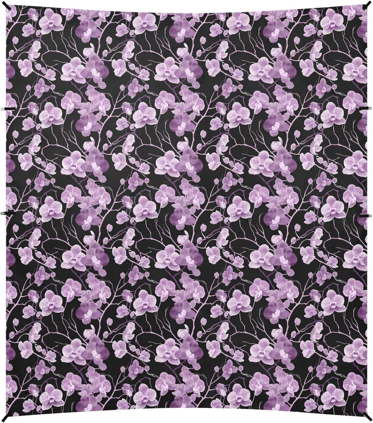 Lavender Orchid Flowers Black Foldable Beach Canopy UPF50  Easy Setup Shade Sun Shelter with Sandbags, Sand Shovel, Poles for Camping, Picnics, Backyard