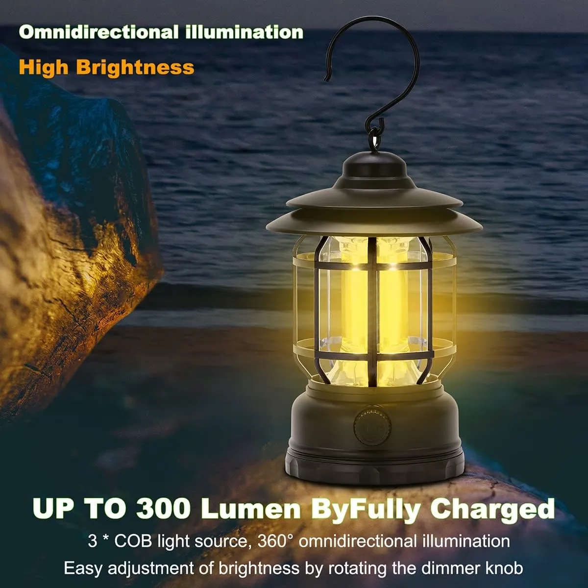 LED Camping Lanterns Rechargeable Portable, Vintage Style Tabletop Lantern, Stepless Dimming, Waterproof - Black, 2 Pack for Camping, Hanging Tent Light, and Power Outages