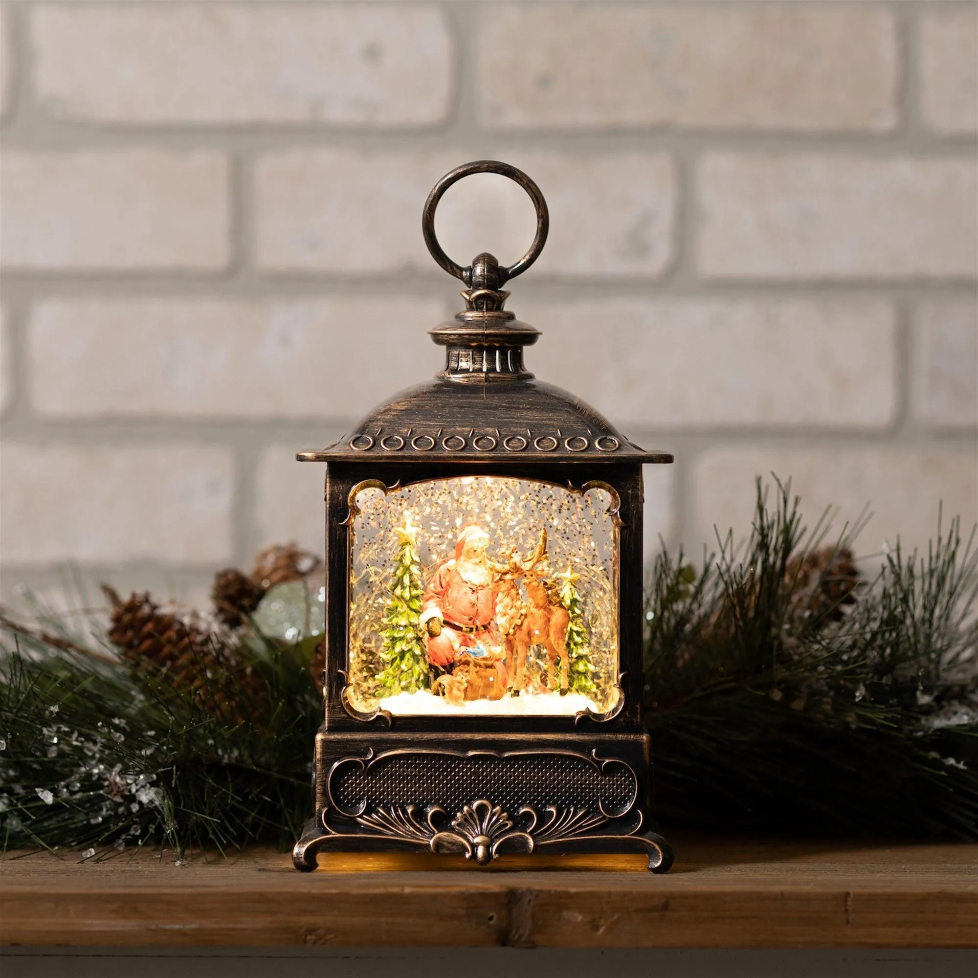 LED Snow Globe Lantern with Woodland Animals 9"H