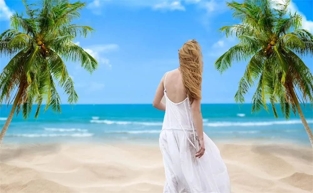 Leowefowa 3x2m Sea Beach Backdrop Tropical Palm Tree Summer Vacation Blue Sky Beach Photography Backdrops for Photo Shoots Party Adult Personal Portrait Photo Background Studio Props
