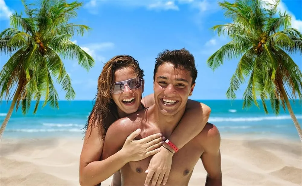 Leowefowa 3x2m Sea Beach Backdrop Tropical Palm Tree Summer Vacation Blue Sky Beach Photography Backdrops for Photo Shoots Party Adult Personal Portrait Photo Background Studio Props