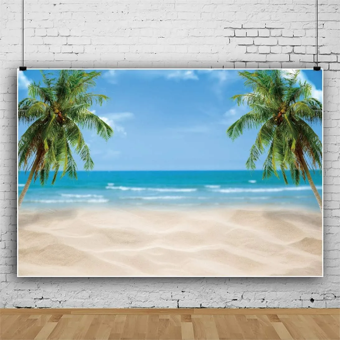 Leowefowa 3x2m Sea Beach Backdrop Tropical Palm Tree Summer Vacation Blue Sky Beach Photography Backdrops for Photo Shoots Party Adult Personal Portrait Photo Background Studio Props