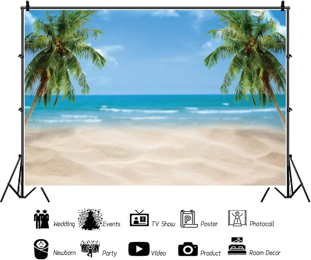 Leowefowa 3x2m Sea Beach Backdrop Tropical Palm Tree Summer Vacation Blue Sky Beach Photography Backdrops for Photo Shoots Party Adult Personal Portrait Photo Background Studio Props