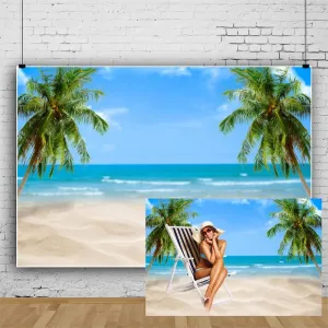 Leowefowa 3x2m Sea Beach Backdrop Tropical Palm Tree Summer Vacation Blue Sky Beach Photography Backdrops for Photo Shoots Party Adult Personal Portrait Photo Background Studio Props