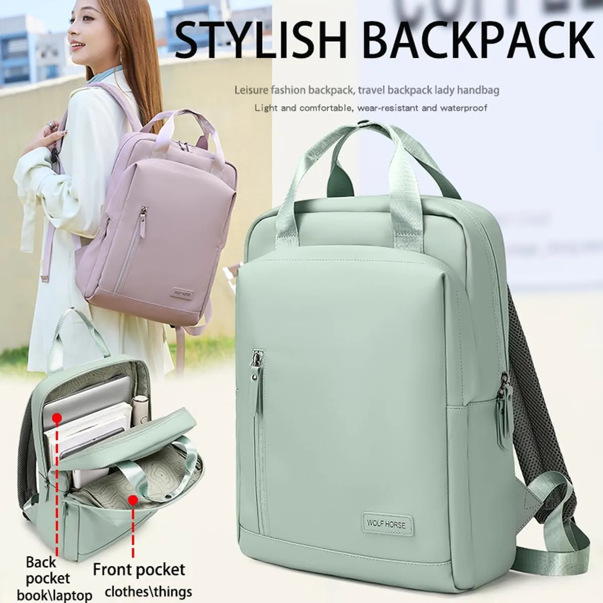 Lightweight Waterproof Travel Backpack for Women – 0.6KG, 15-Inch Laptop Compartment, Anti-Theft Design, Durable & Stylish (Pink/Green/Black)