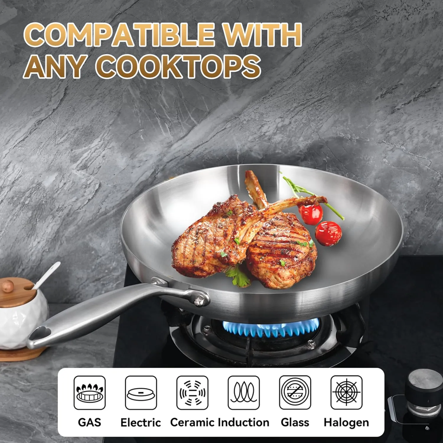 LOLYKITCH 8-9-10-11-12 Inch Tri-ply Stainless Steel Frying Pan Set,Skillets,Chef's Induction Cooking Cookware Set,Dishwasher and Oven Safe,Detachble Handle