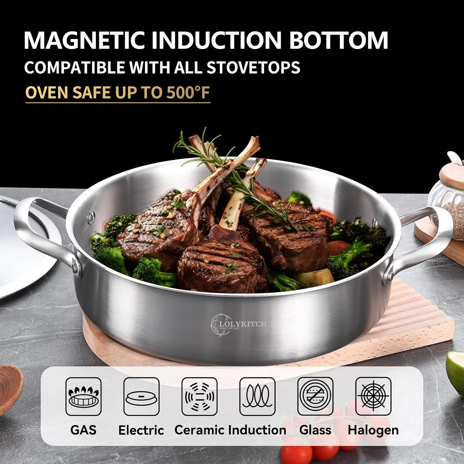 LOLYKITCH 8 Quarts Tri-Ply Stainless Steel Sauté Pan with Lid,13 Inch Deep Frying Pan,Large Skillet,Jumbo Cooker,Induction Cooking Pot,Dishwasher and Oven Safe.