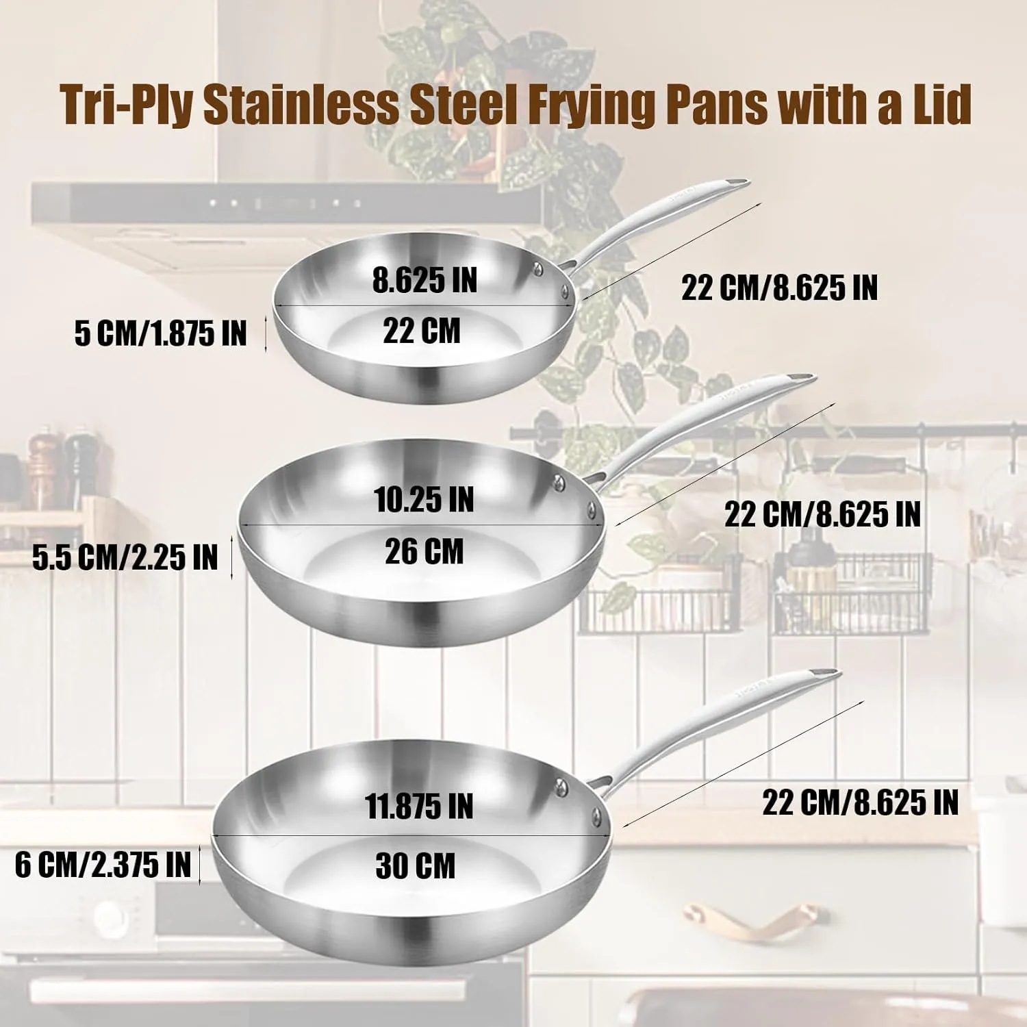LOLYKITCH 8.5-10-12 Inch Tri-ply Stainless Steel Frying Pans Set of 3,Stir-Frying Pans,Skillets,Induction Cookware,Pots and Pans Set,Oven and Dishwasher Safe,Riveted Handle.