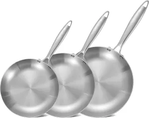 LOLYKITCH 8.5-10-12 Inch Tri-ply Stainless Steel Frying Pans Set of 3,Stir-Frying Pans,Skillets,Induction Cookware,Pots and Pans Set,Oven and Dishwasher Safe,Riveted Handle.