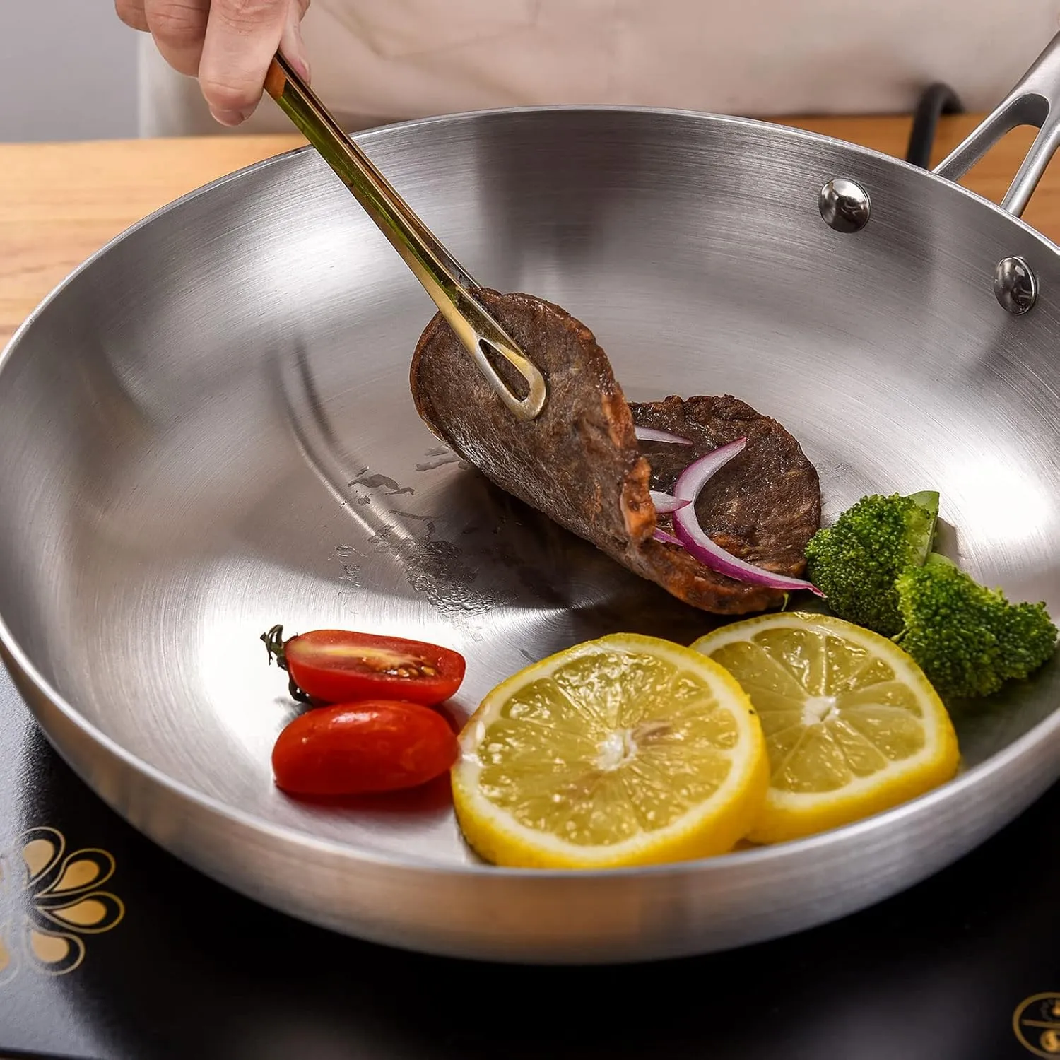 LOLYKITCH 8.5-10-12 Inch Tri-ply Stainless Steel Frying Pans Set of 3,Stir-Frying Pans,Skillets,Induction Cookware,Pots and Pans Set,Oven and Dishwasher Safe,Riveted Handle.