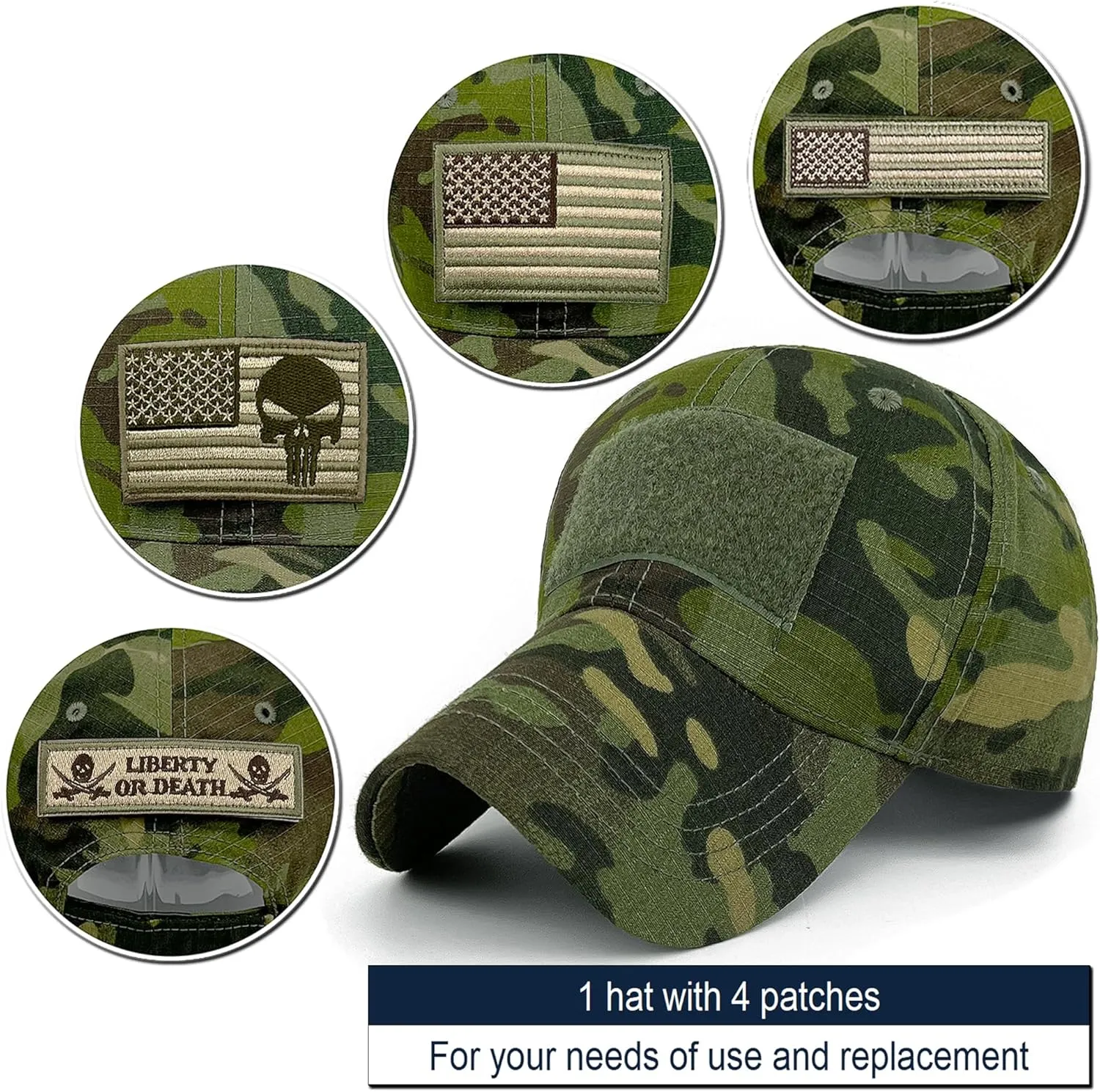 Loneshark Tactical Military Mens Camo Baseball Hat with American Flag Skull Patch Patriotic Operator Camouflage Cap for Women