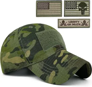 Loneshark Tactical Military Mens Camo Baseball Hat with American Flag Skull Patch Patriotic Operator Camouflage Cap for Women