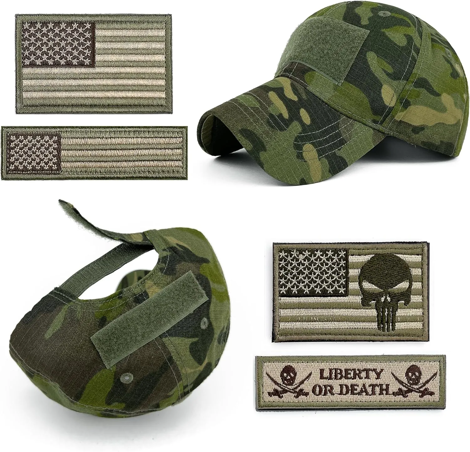 Loneshark Tactical Military Mens Camo Baseball Hat with American Flag Skull Patch Patriotic Operator Camouflage Cap for Women