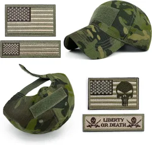 Loneshark Tactical Military Mens Camo Baseball Hat with American Flag Skull Patch Patriotic Operator Camouflage Cap for Women