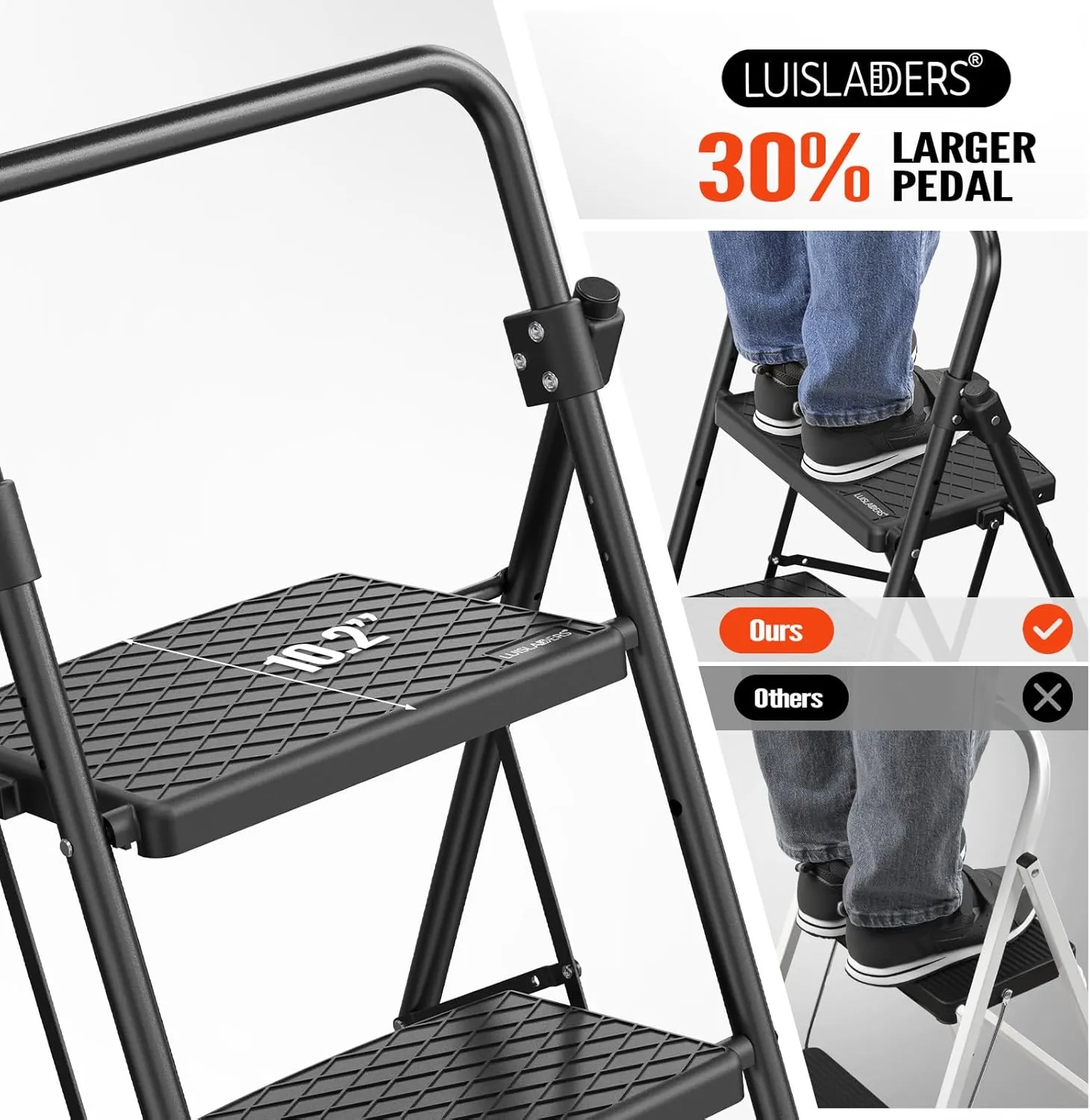 LUISLADDERS 3 Step Ladder with Handrails, Folding Step Stool with Widened Anti-Slip Pedal, 500lbs Lightweight Step Ladder 3 Step Folding, Multi-use for Home Kitchen Pantry Office, Black