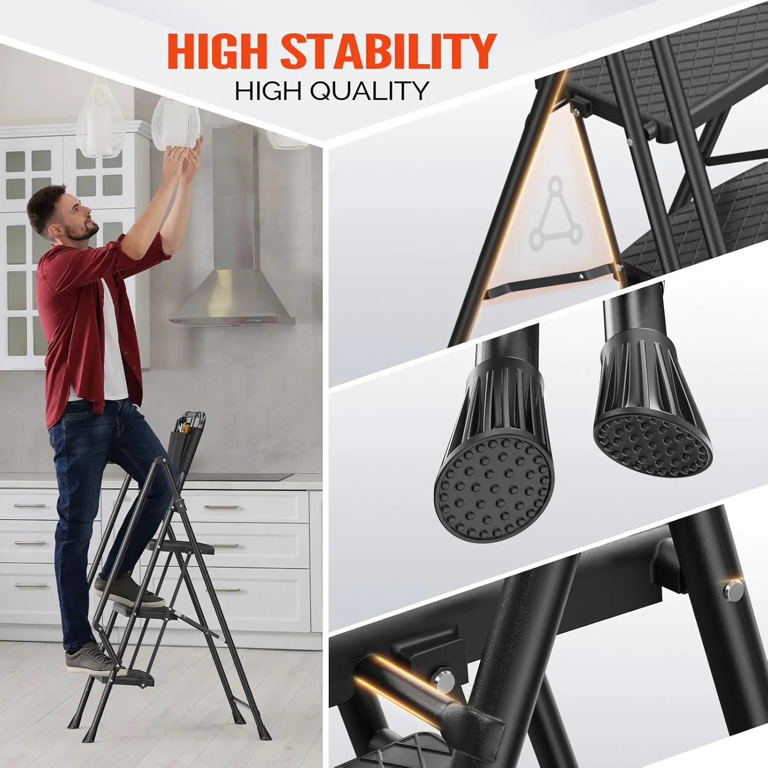 LUISLADDERS 3 Step Ladder with Handrails, Folding Step Stool with Widened Anti-Slip Pedal, 500lbs Lightweight Step Ladder 3 Step Folding, Multi-use for Home Kitchen Pantry Office, Black