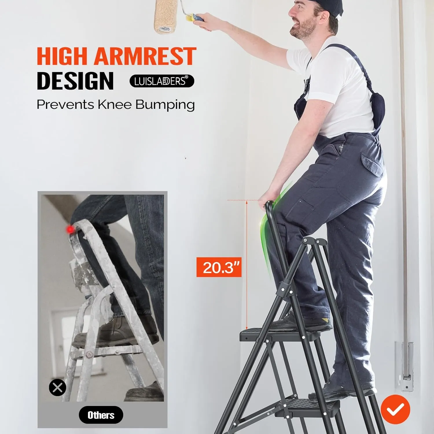 LUISLADDERS 3 Step Ladder with Handrails, Folding Step Stool with Widened Anti-Slip Pedal, 500lbs Lightweight Step Ladder 3 Step Folding, Multi-use for Home Kitchen Pantry Office, Black