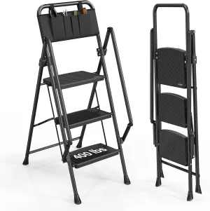 LUISLADDERS 3 Step Ladder with Handrails, Folding Step Stool with Widened Anti-Slip Pedal, 500lbs Lightweight Step Ladder 3 Step Folding, Multi-use for Home Kitchen Pantry Office, Black
