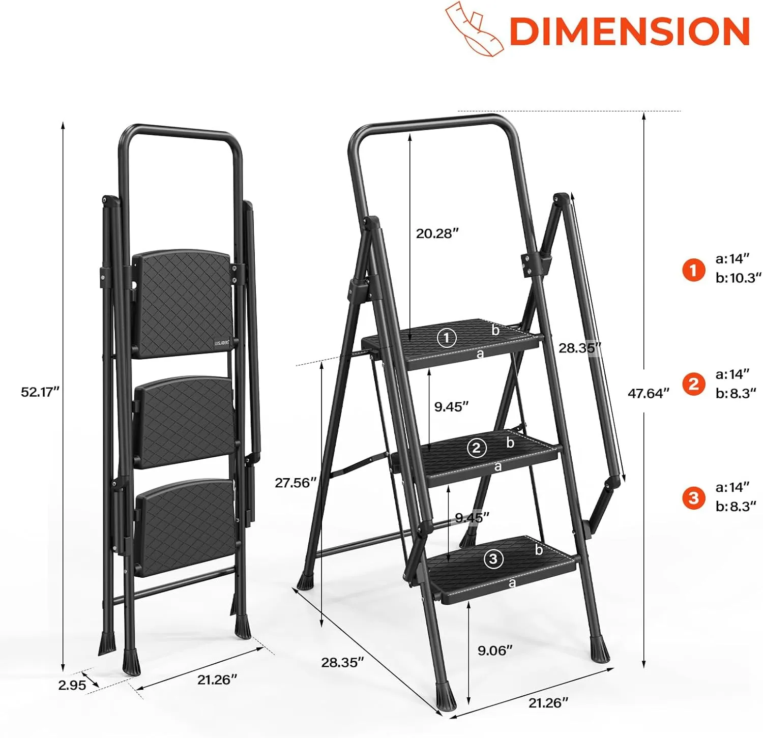 LUISLADDERS 3 Step Ladder with Handrails, Folding Step Stool with Widened Anti-Slip Pedal, 500lbs Lightweight Step Ladder 3 Step Folding, Multi-use for Home Kitchen Pantry Office, Black