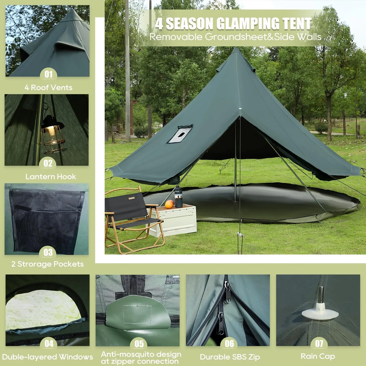 Luxury Cotton Bell Tent, Yurt Canvas Tent with Stove Jack, 4/6/8 Person Family 4 Season Camping